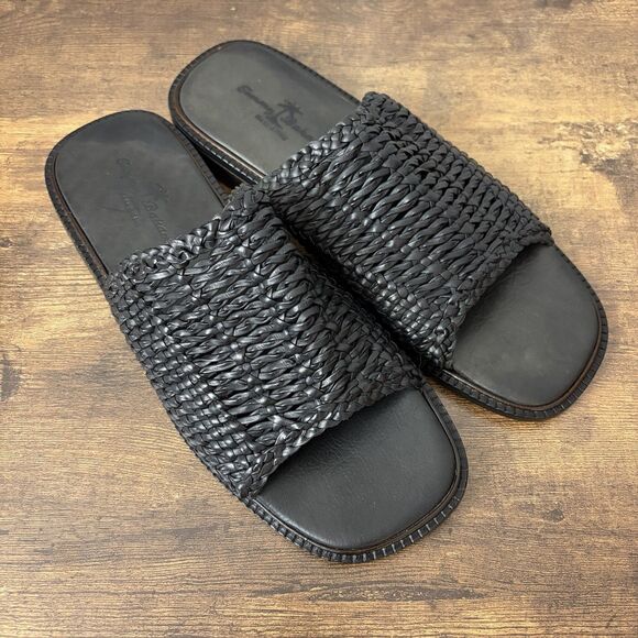 Tommy Bahama Men Woven Slip On Slide Sandals Size 10 Black Leather Casual Beach main image 4